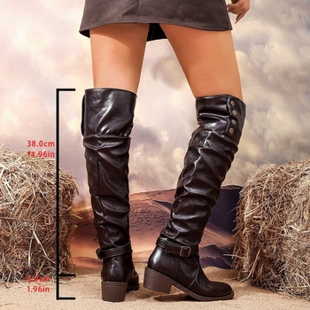 Ghete de echitație pentru femei - PU partea superioară, gambă înaltă, vârf rotund, toc mediu 3–5 cm