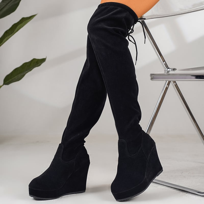 Ghete dama până la jambă, piele întoarsă, talpă din cauciuc, vârf rotund, toc gros 3–5 cm, pull-on