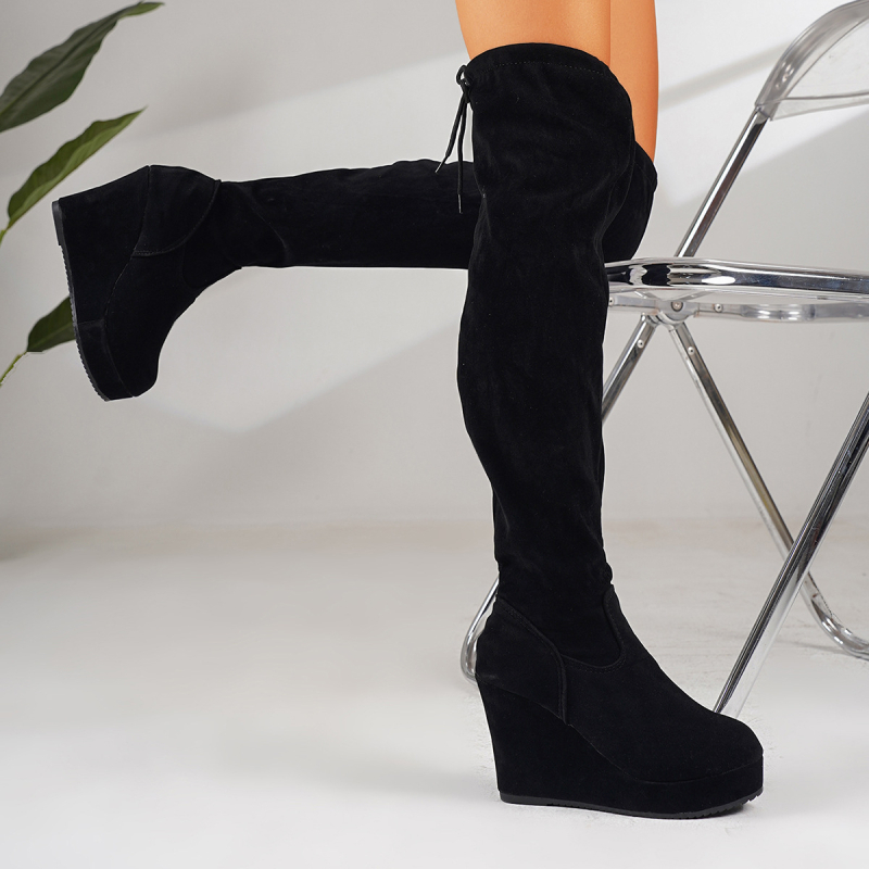 Ghete dama până la jambă, piele întoarsă, talpă din cauciuc, vârf rotund, toc gros 3–5 cm, pull-on