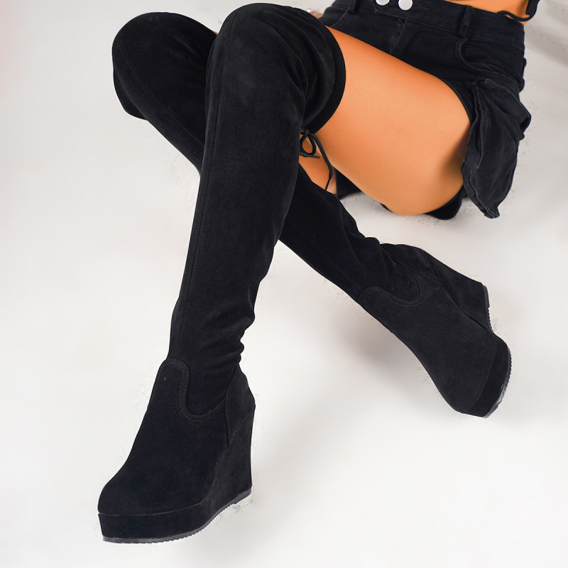 Ghete dama până la jambă, piele întoarsă, talpă din cauciuc, vârf rotund, toc gros 3–5 cm, pull-on