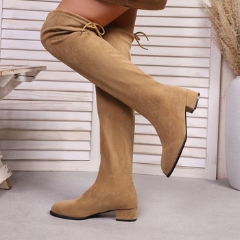 Botă peste genunchi pentru femei, partea superioară din velur, vârf ascuțit, toc mediu 3-5 cm, stil European-American