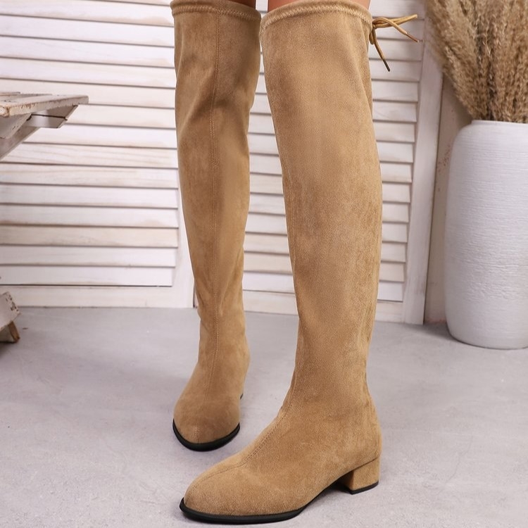 Botă peste genunchi pentru femei, partea superioară din velur, vârf ascuțit, toc mediu 3-5 cm, stil European-American