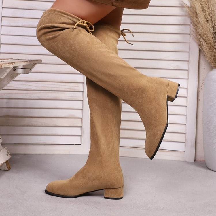 Botă peste genunchi pentru femei, partea superioară din velur, vârf ascuțit, toc mediu 3-5 cm, stil European-American