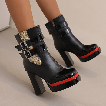 Cizme de damă din PU, cu toc înalt 6–8 cm, talpă groasă, cataramă, fermoar lateral, PU upper