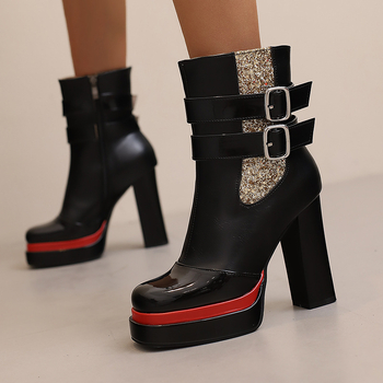 Cizme de damă din PU, cu toc înalt 6–8 cm, talpă groasă, cataramă, fermoar lateral, PU upper