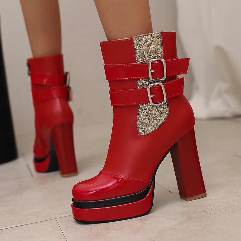 Cizme de damă din PU, cu toc înalt 6–8 cm, talpă groasă, cataramă, fermoar lateral, PU upper