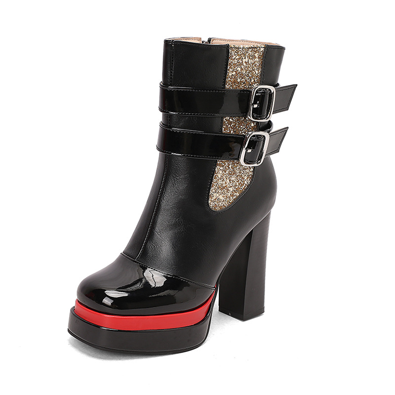 Cizme de damă din PU, cu toc înalt 6–8 cm, talpă groasă, cataramă, fermoar lateral, PU upper