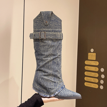 Cizme peste genunchi din PU, stil European-American, varf ascuțit, toc gros 6–8 cm, talpă din cauciuc