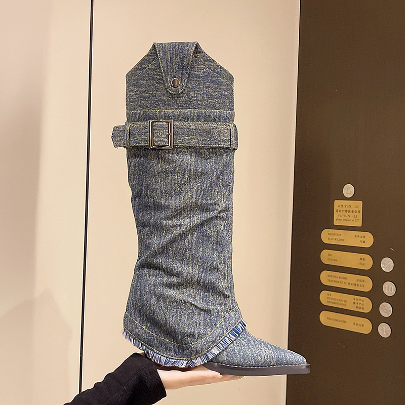 Cizme peste genunchi din PU, stil European-American, varf ascuțit, toc gros 6–8 cm, talpă din cauciuc