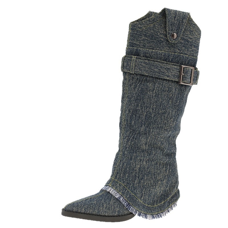 Cizme peste genunchi din PU, stil European-American, varf ascuțit, toc gros 6–8 cm, talpă din cauciuc