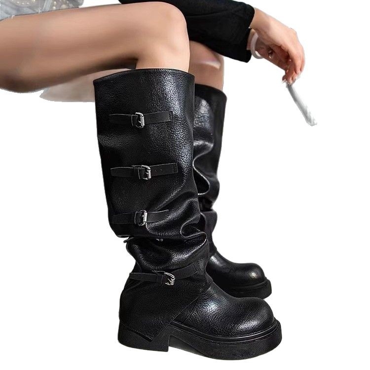 Cizme până la genunchi pentru femei, toc gros 3–5 cm, stil roman, vârf rotund, piele de vită – nivel doi, înălțime gât înalt, talpă din cauciuc