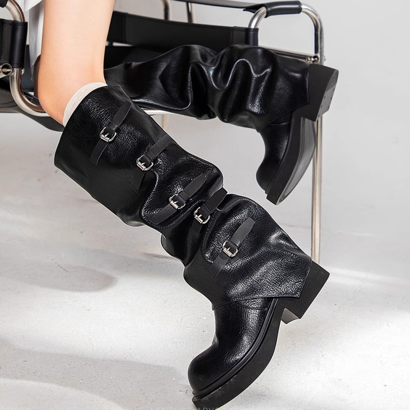 Cizme până la genunchi pentru femei, toc gros 3–5 cm, stil roman, vârf rotund, piele de vită – nivel doi, înălțime gât înalt, talpă din cauciuc