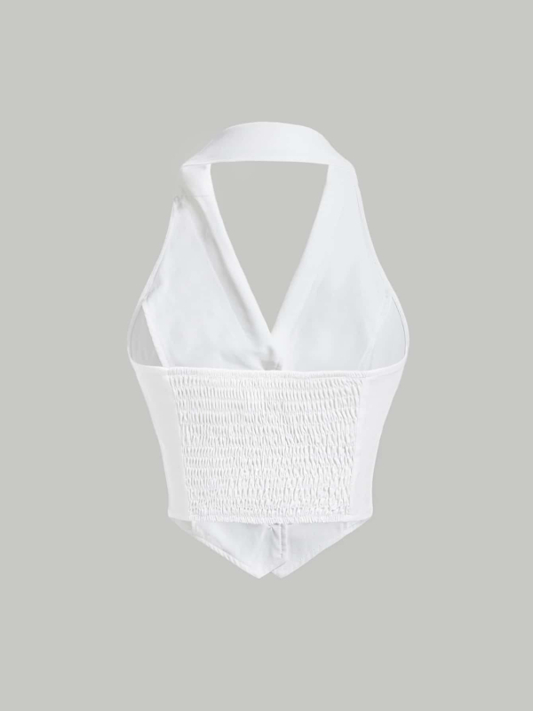 V-nyakú mellény felső, egyrészes gombolás, poliészter, rövid fazon, szabályos szabás