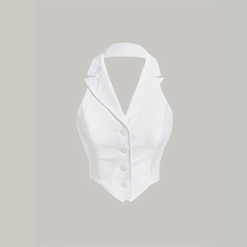 V-nyakú mellény felső, egyrészes gombolás, poliészter, rövid fazon, szabályos szabás
