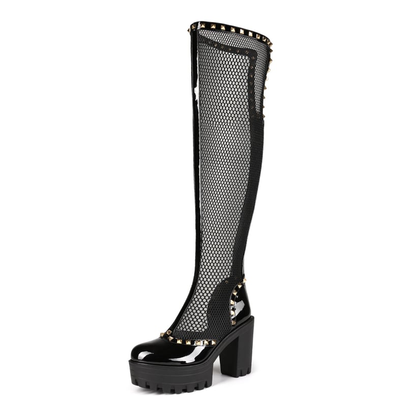 Ghete din plasă pentru femei, toc înalt, vârf pătrat, 6–8 cm, fermoar pe spate