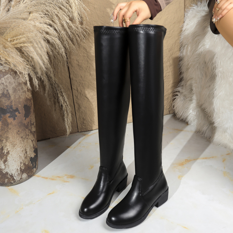 Moterų per kelio botai, PU viršus, gumos padas, storas kulnas, pull-on