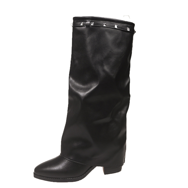 Botosei până la genunchi cu vârf ascuțit și toc gros, 6–8 cm toc, microfibră pe partea superioară, stil european de modă