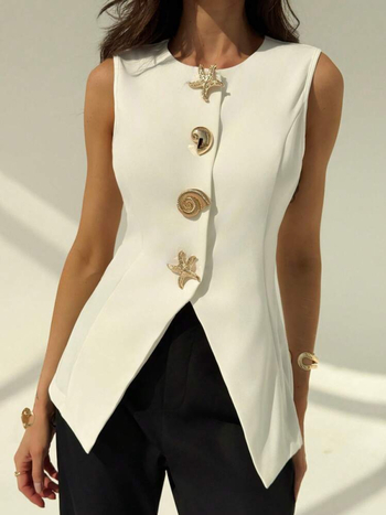 Γυναικείο γιλέκο με V-λαιμό, ultra-βραχύ μήκος ≤40 εκ, Πολυεστέρας 95%+, Slim Fit, εκλεπτυσμένο στυλ, Άνοιξη 2025