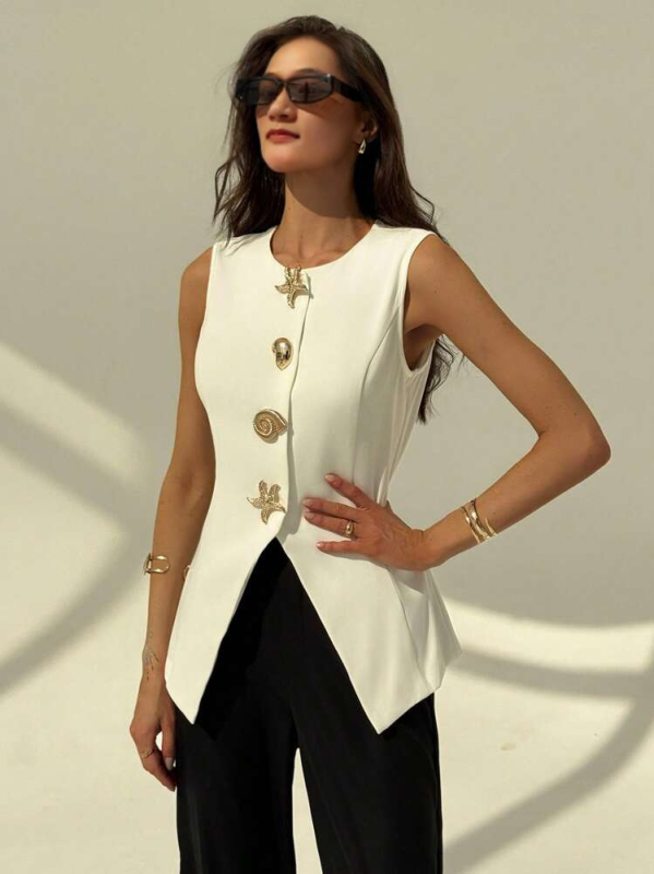 Női V-nyakú mellény, ultra rövid hossz ≤40 cm, Poliészter 95%+, Slim fit, Elegáns stílus, 2025 tavasz