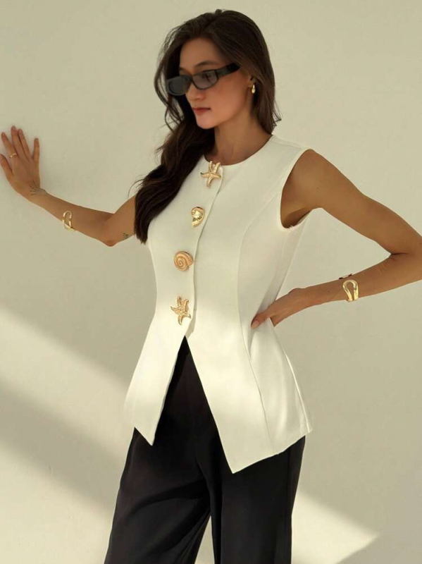 Női V-nyakú mellény, ultra rövid hossz ≤40 cm, Poliészter 95%+, Slim fit, Elegáns stílus, 2025 tavasz