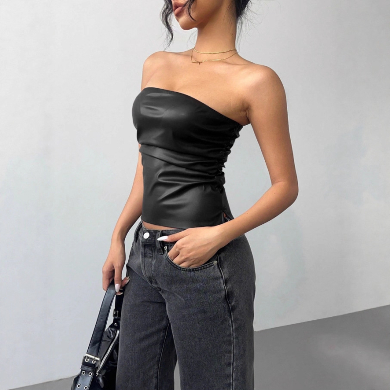 Top crop fără mâneci, cu umeri la vedere - poliester/spandex, culoare solidă, croială ajustată, detaliu patchwork