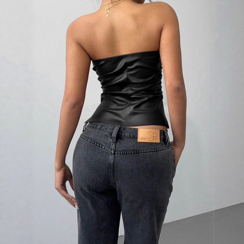 Top crop fără mâneci, cu umeri la vedere - poliester/spandex, culoare solidă, croială ajustată, detaliu patchwork