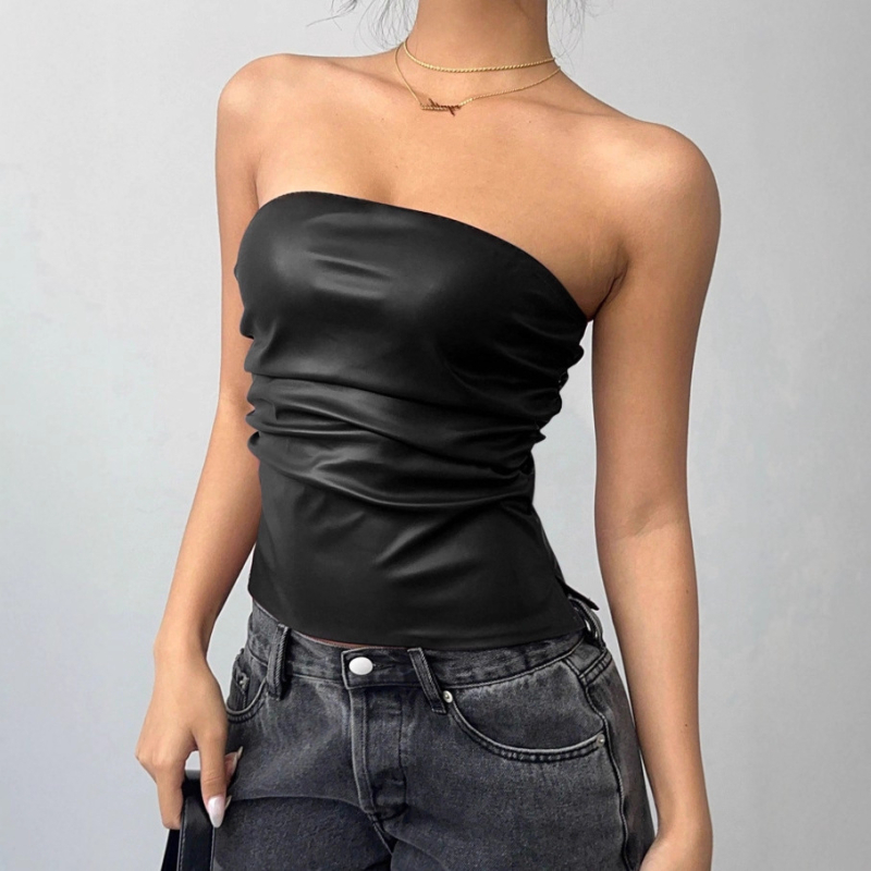 Top crop fără mâneci, cu umeri la vedere - poliester/spandex, culoare solidă, croială ajustată, detaliu patchwork