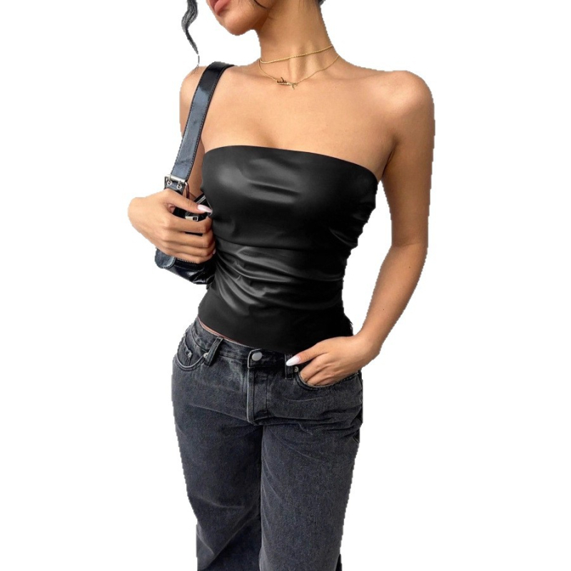 Top crop fără mâneci, cu umeri la vedere - poliester/spandex, culoare solidă, croială ajustată, detaliu patchwork