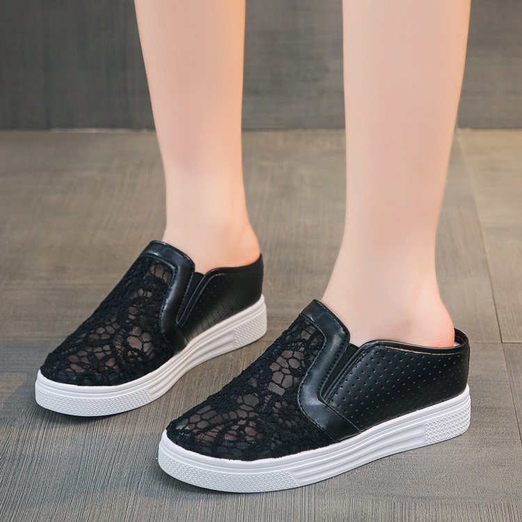 Sandale pentru femei cu plasă dantelată pe partea superioară, vârf închis, toc în formă de clin, PU deasupra, talpă din cauciuc