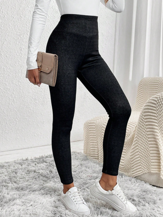 Colanți damă cu aspect faux denim, talie înaltă, croială slim, lungi, material poliester-spandex, iarna 2025