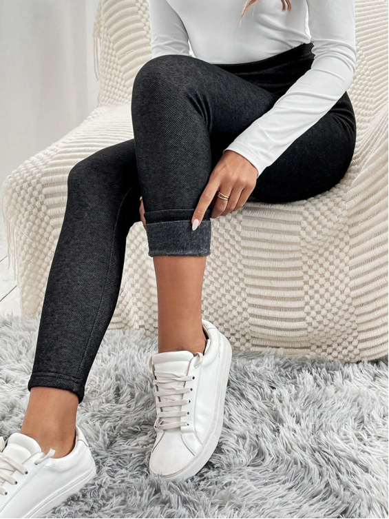 Colanți damă cu aspect faux denim, talie înaltă, croială slim, lungi, material poliester-spandex, iarna 2025