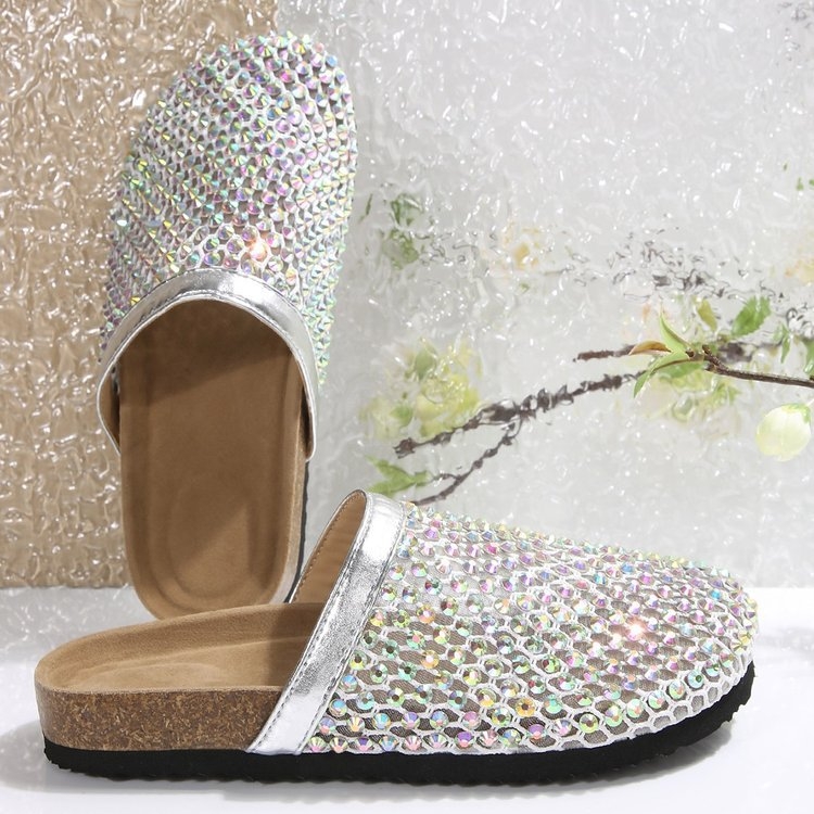 Moterų rhinestone šlepetės su PU viršutine dalimi, gumos pada, plokščias kulnas, pavasaris 2025