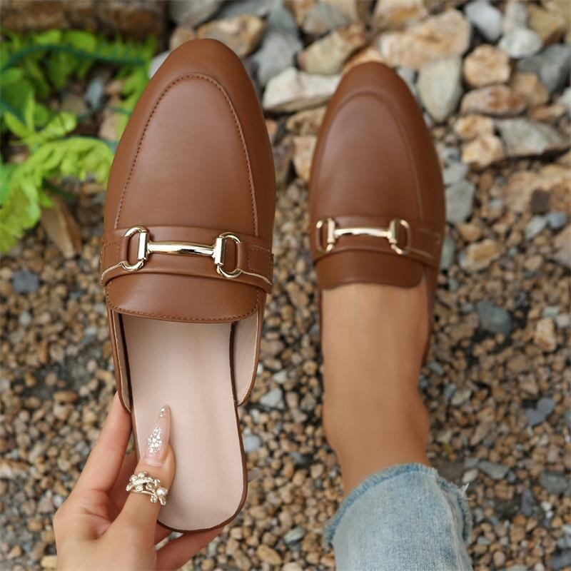 Sandale pentru femei: vârf rotund, fără spate, toc mic, partea superioară din PU, talpă din cauciuc