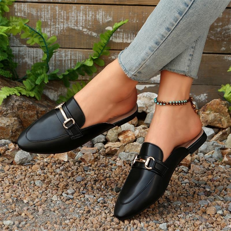 Sandale pentru femei: vârf rotund, fără spate, toc mic, partea superioară din PU, talpă din cauciuc