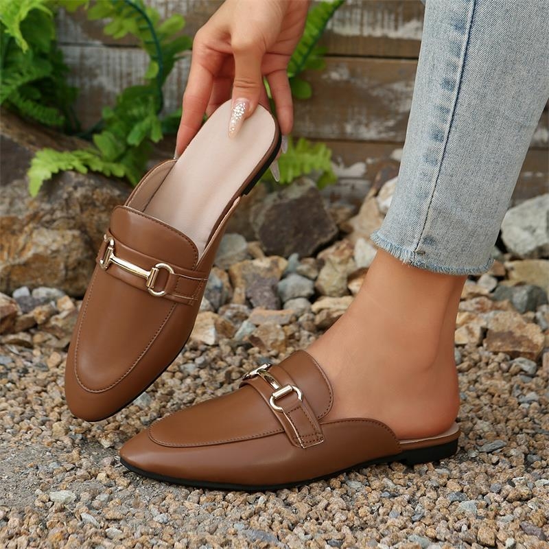 Sandale pentru femei: vârf rotund, fără spate, toc mic, partea superioară din PU, talpă din cauciuc