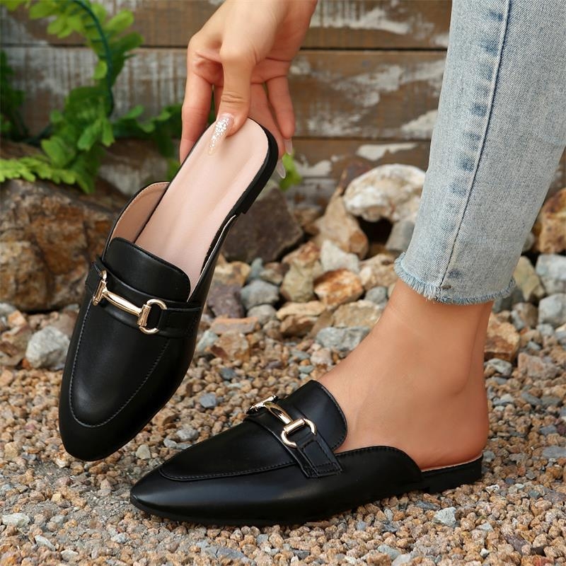 Sandale pentru femei: vârf rotund, fără spate, toc mic, partea superioară din PU, talpă din cauciuc