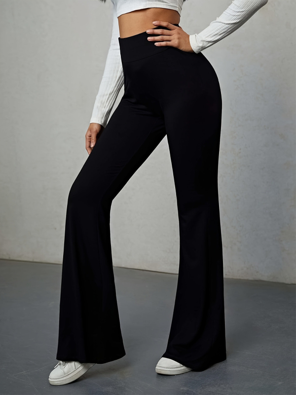 Pantaloni casual pentru femei cu talie înaltă, ușor evazați, elastici; 90–95% poliester, spandex <30%; stil casual japonez-coreean