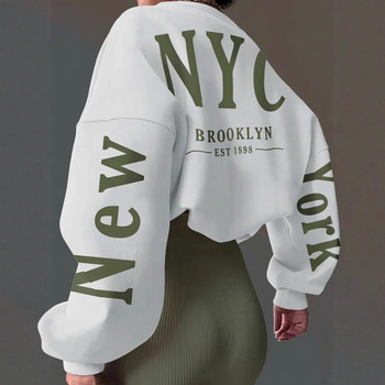 Женски суитшърт-пуловер без качулка, с кръгло деколте, свободен силует, принт, странични джобове