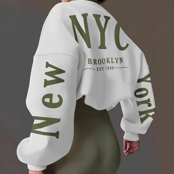 Женски суитшърт-пуловер без качулка, с кръгло деколте, свободен силует, принт, странични джобове