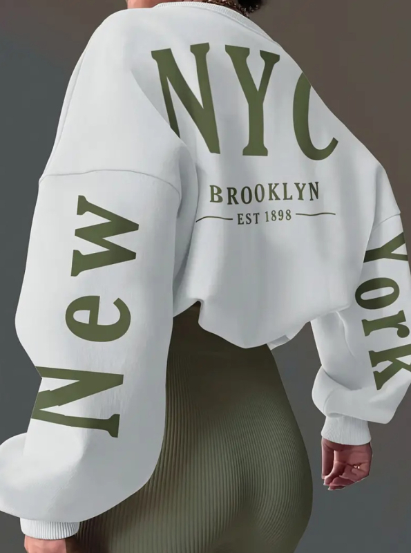 Pulover damă gros, fără glugă, guler rotund, croială lejeră, imprimeu, buzunare laterale