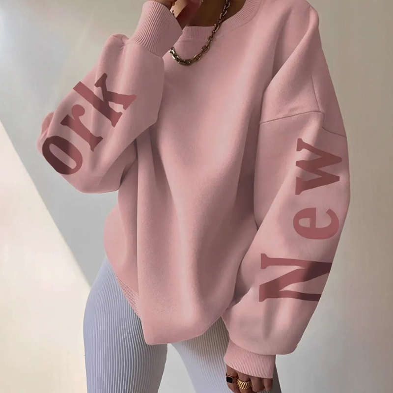 Pulover damă gros, fără glugă, guler rotund, croială lejeră, imprimeu, buzunare laterale