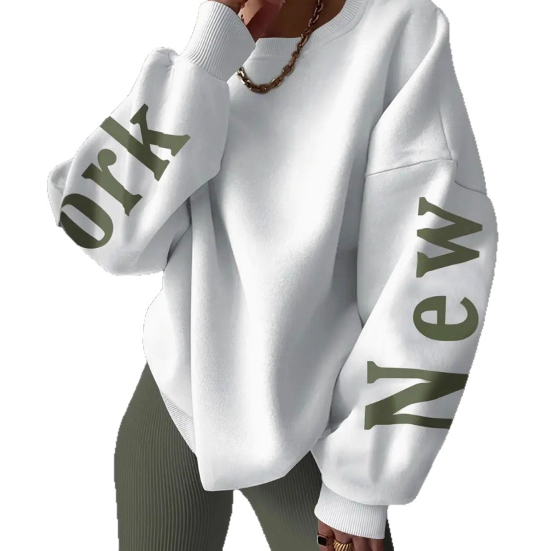 Pulover damă gros, fără glugă, guler rotund, croială lejeră, imprimeu, buzunare laterale