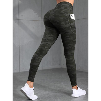 Pantaloni sport pentru femei, imprimeu camuflaj, buzunare, talie elastică, căptușeală fleece, lungi, material Lycra