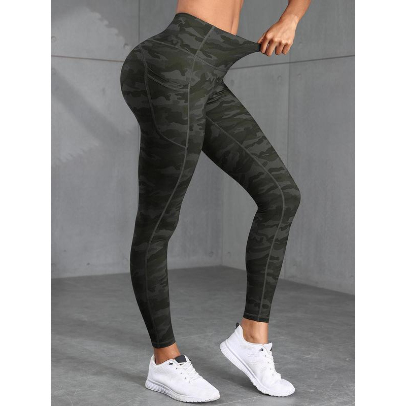 Pantaloni sport pentru femei, imprimeu camuflaj, buzunare, talie elastică, căptușeală fleece, lungi, material Lycra