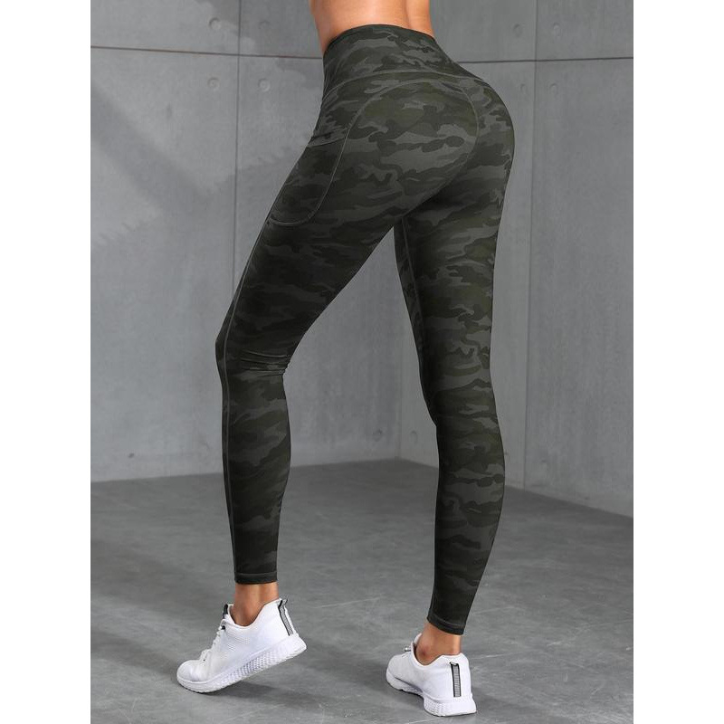 Pantaloni sport pentru femei, imprimeu camuflaj, buzunare, talie elastică, căptușeală fleece, lungi, material Lycra
