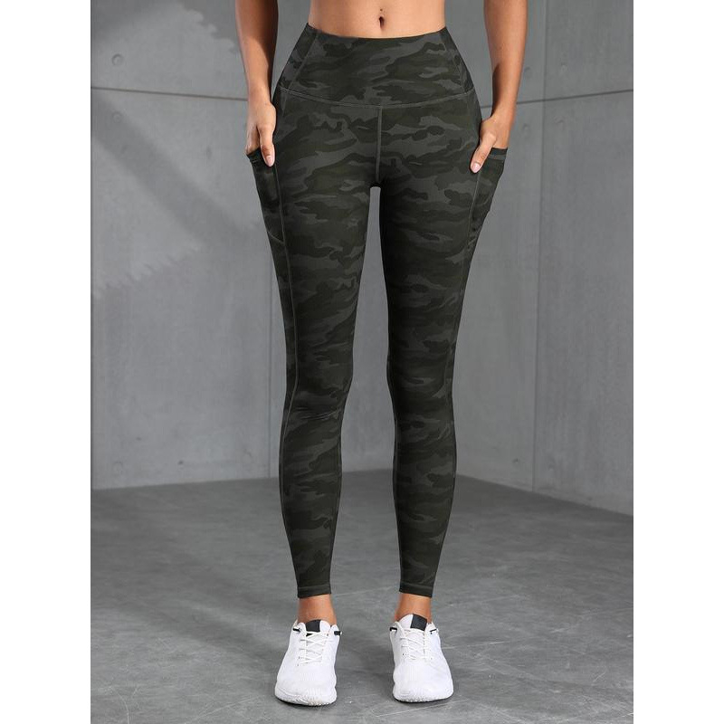 Pantaloni sport pentru femei, imprimeu camuflaj, buzunare, talie elastică, căptușeală fleece, lungi, material Lycra