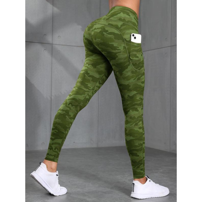 Pantaloni sport pentru femei, imprimeu camuflaj, buzunare, talie elastică, căptușeală fleece, lungi, material Lycra