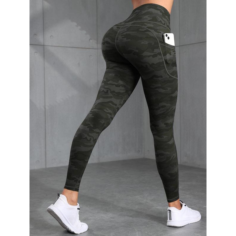 Pantaloni sport pentru femei, imprimeu camuflaj, buzunare, talie elastică, căptușeală fleece, lungi, material Lycra