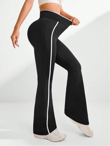 Μακριά παντελόνια με υψηλή μέση, φλις επένδυση και πυκνό ύφασμα, λωρίδα στο πλάι και διασταυρούμενος σχεδιασμός στη μέση, πολυεστέρα-ελαστάν ανάμειξη