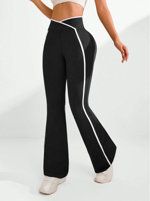 Pantaloni lungi cu talie înaltă, căptușeală fleece groasă, dungă laterală și design cu talie încrucișată, amestec poliester-spandex